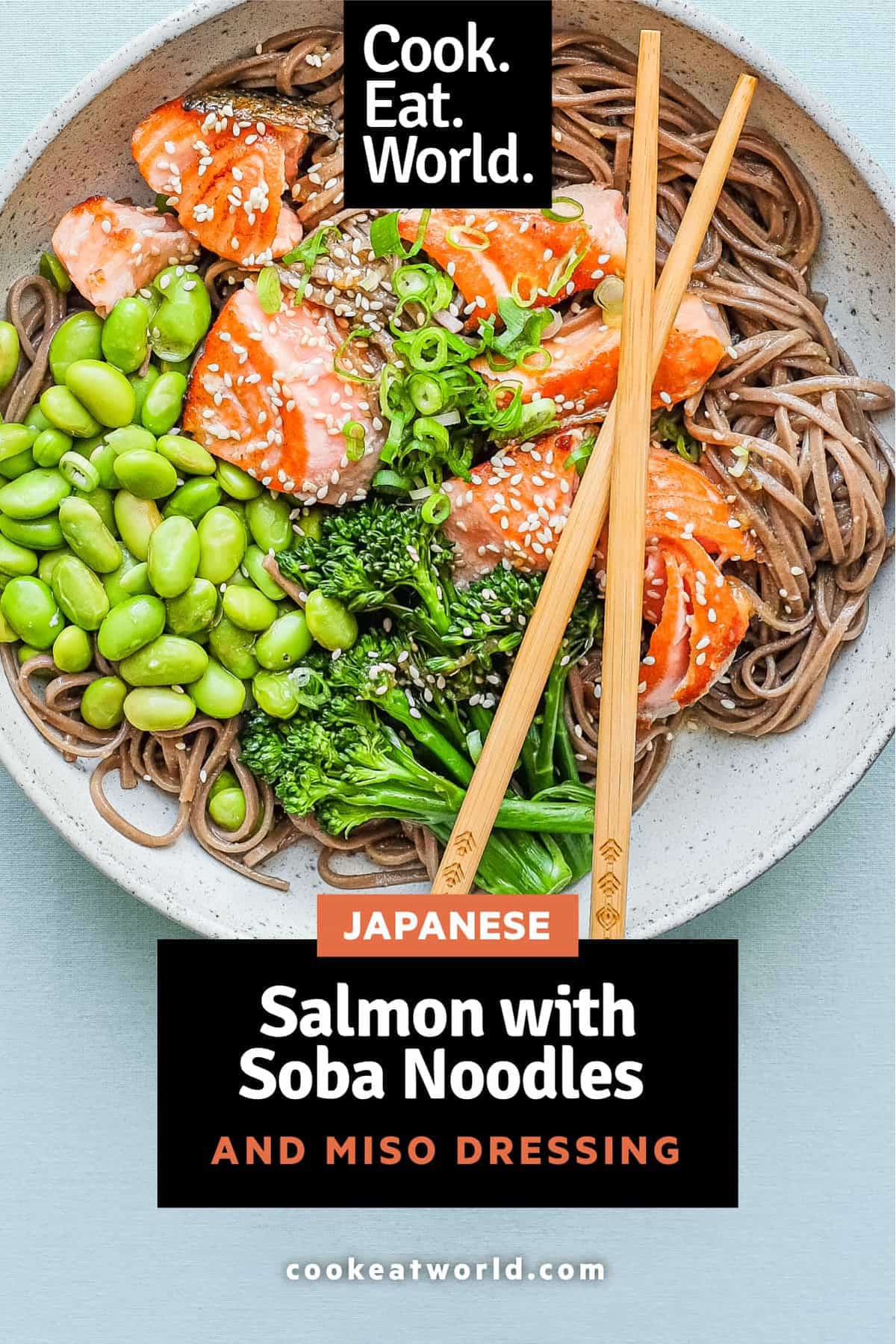 A bowl of salmon with soba noodles with broccolini and edamame.