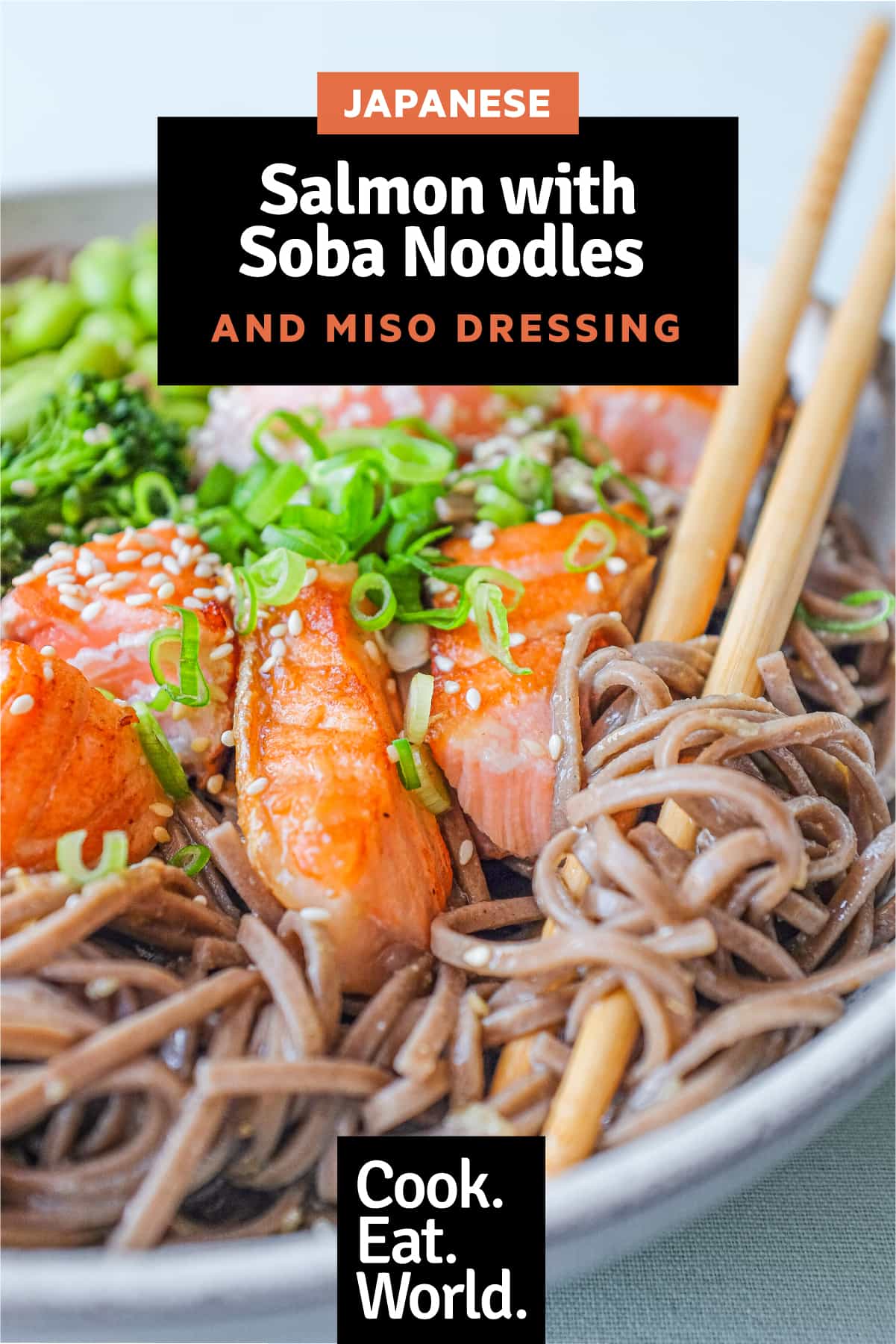 A bowl of salmon with soba noodles with broccolini and edamame.