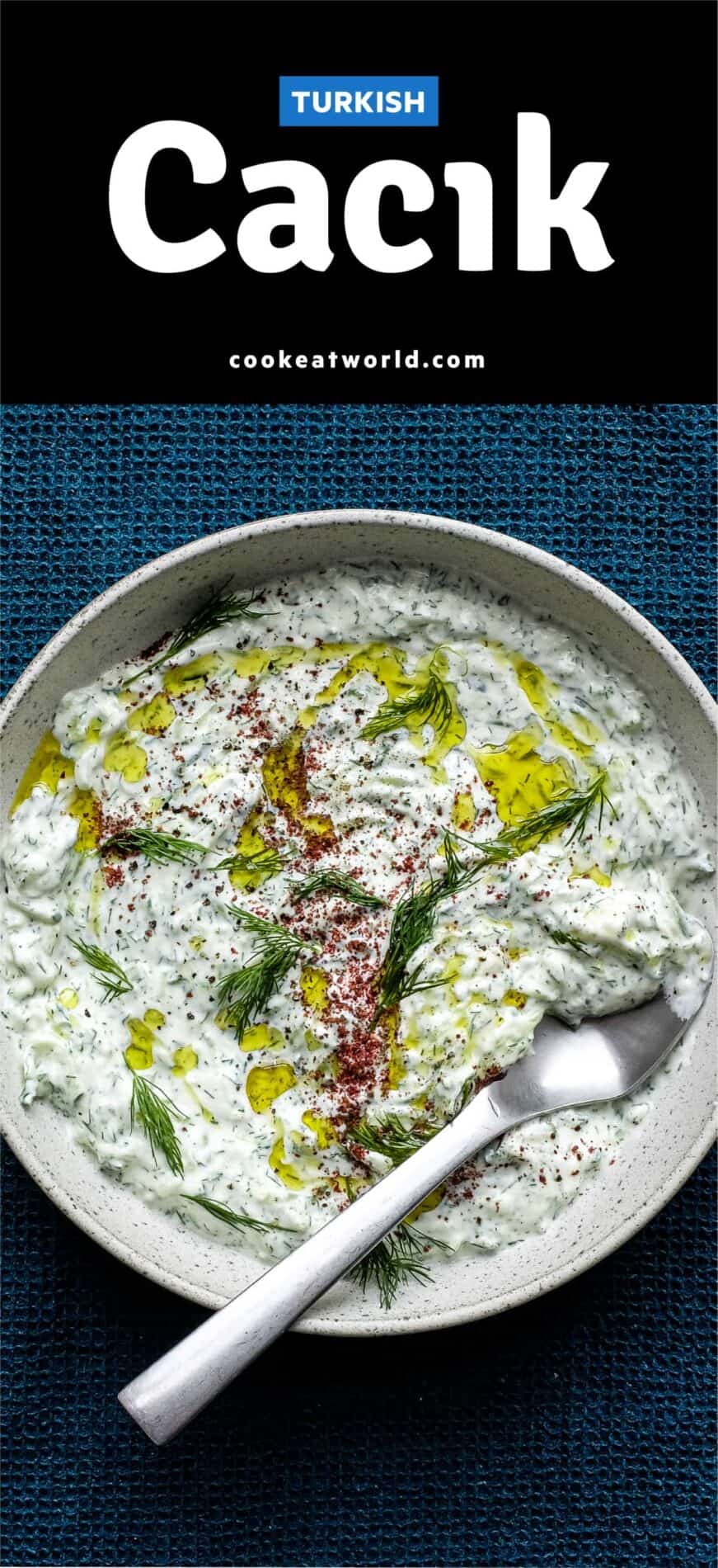 A bowl of Turkish Cacik - a yoghurt and cucumber meze or condiment