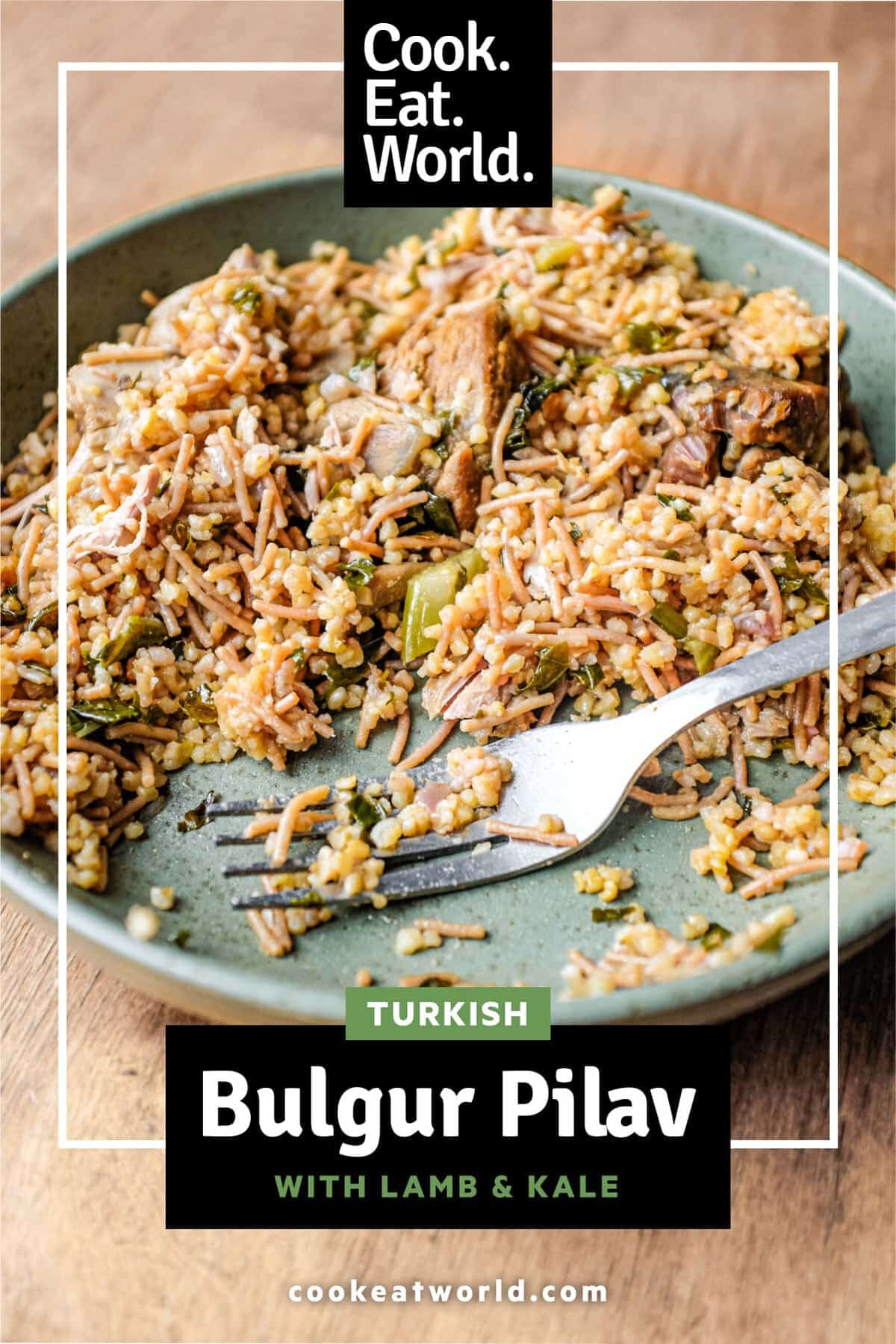 A bowl of Turkish bulgur pilav with a fork