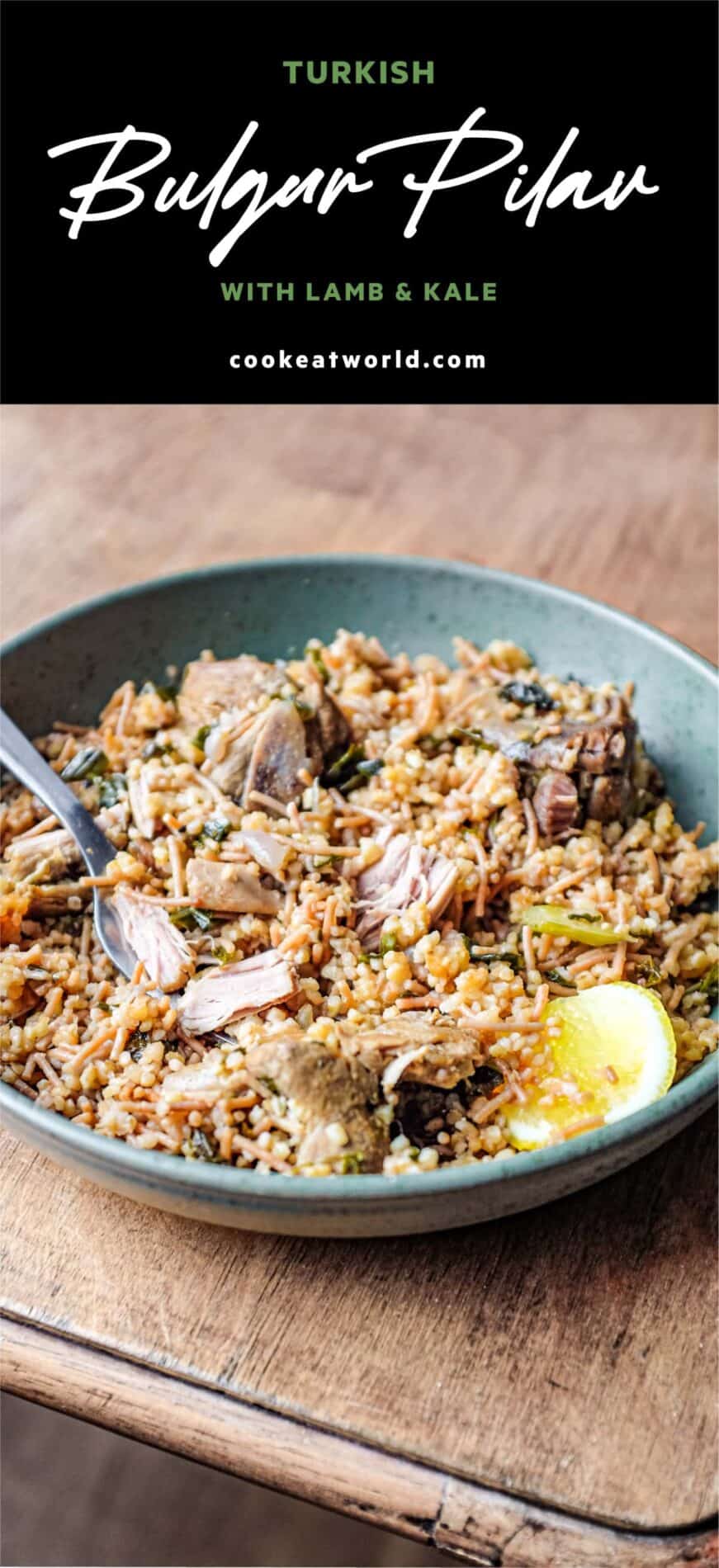 A bowl of Turkish bulgur pilav with a fork and a wedge of lemon.