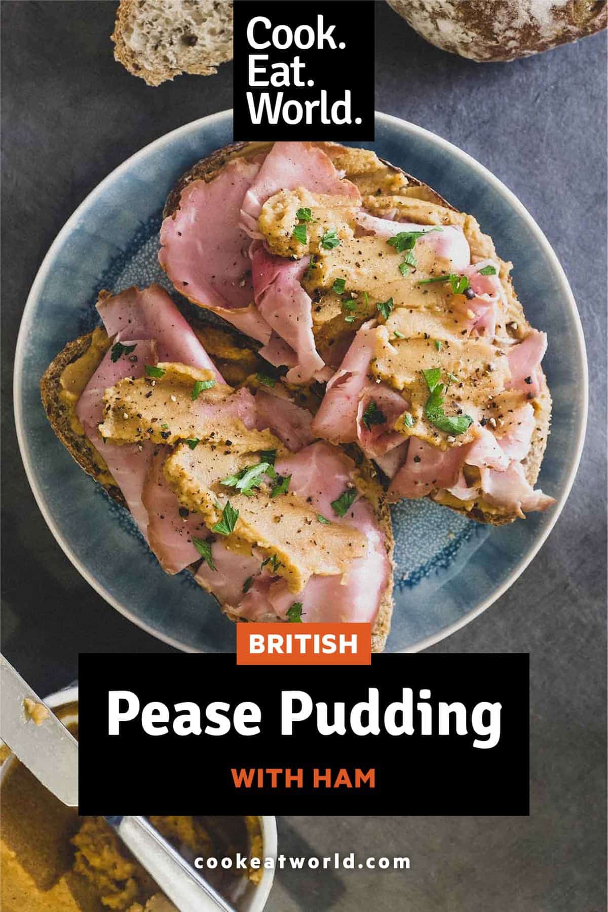 A an open sandwich with ham and pease pudding.