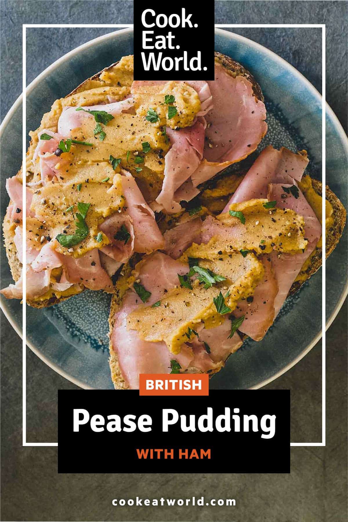 A an open sandwich with ham and pease pudding.