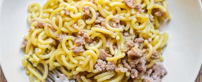 A bowl of Gramigna pasta with sausage