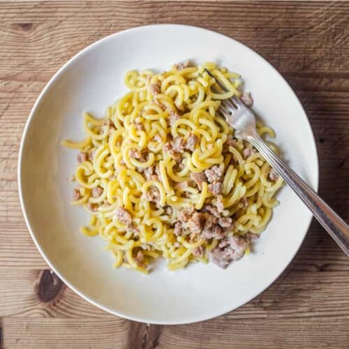 A bowl of Gramigna pasta with sausage