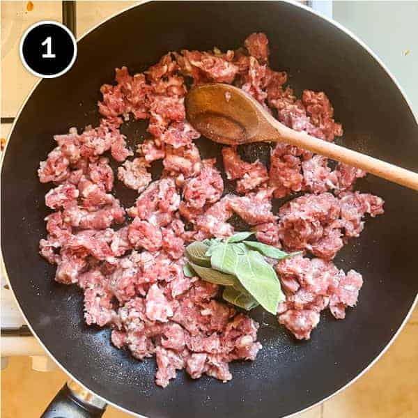 Sausage meat is added to a pan