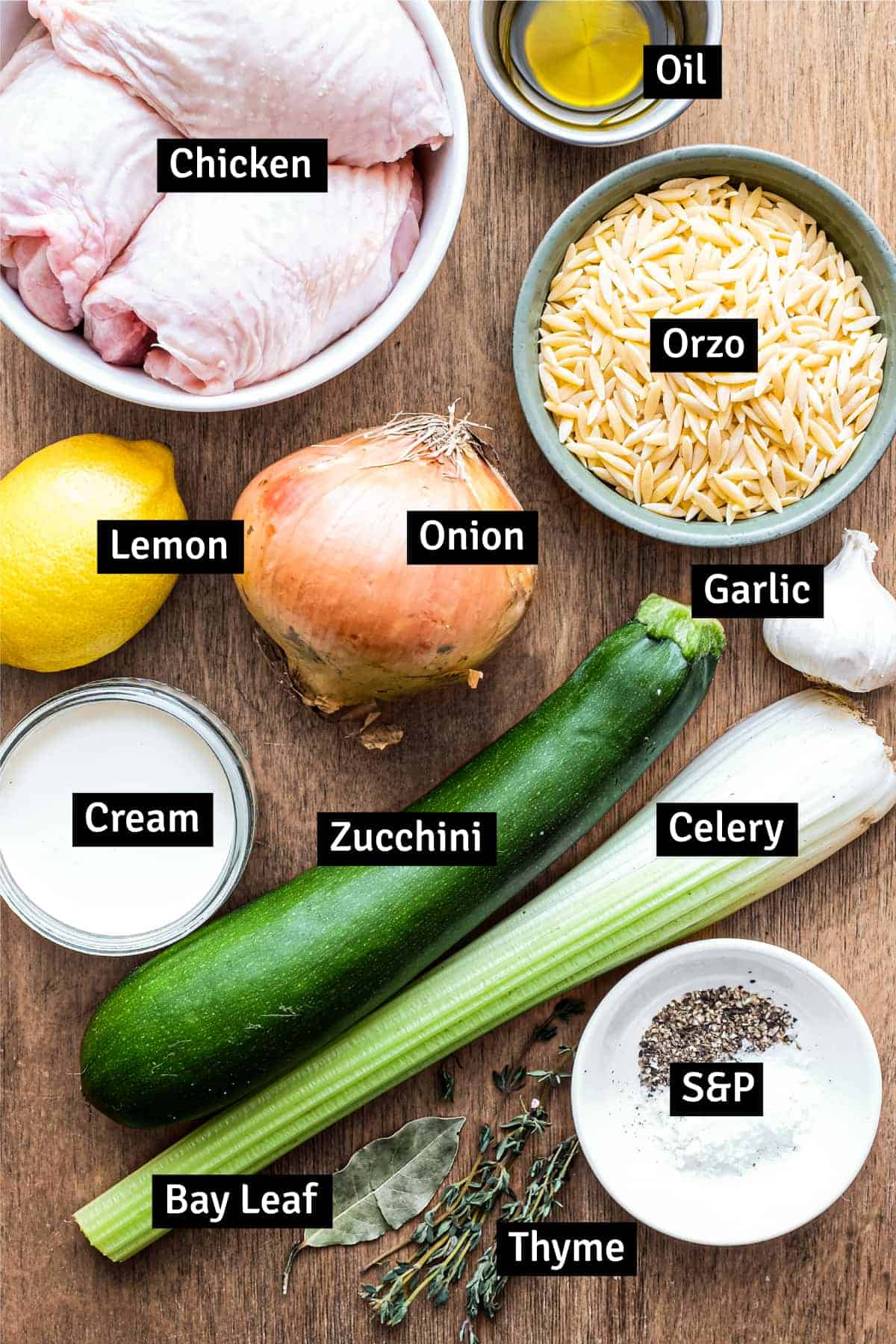 The ingredients for Greek lemon orzo soup. Lemon, orzo, chicken thighs, zucchini, celery, onion, cream, herbs and more. 