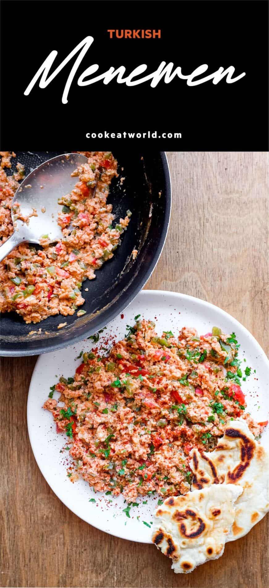 A pan of Turkish menemen alongside a plate with a portion of eggs