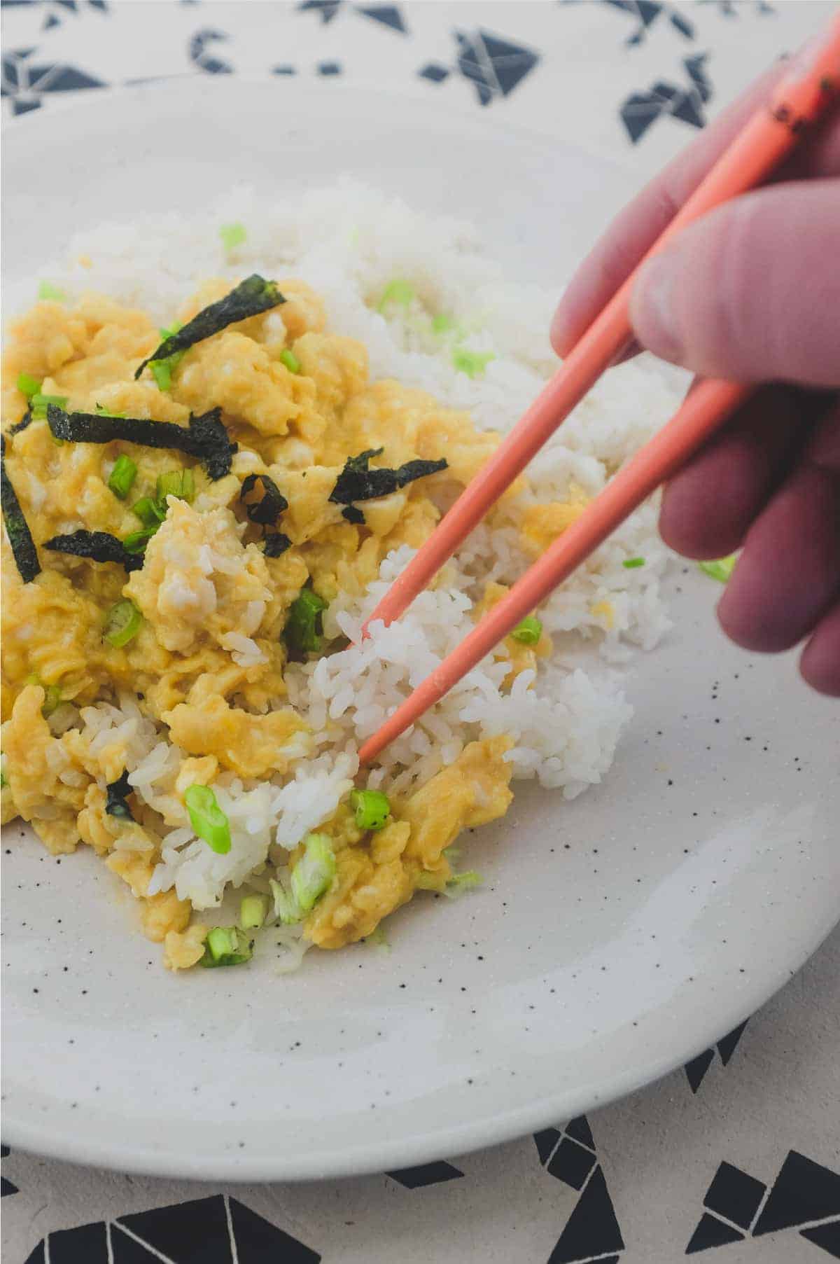 Scrambled eggs seasoned with mirin, sesame and soy sauce - served over rice.