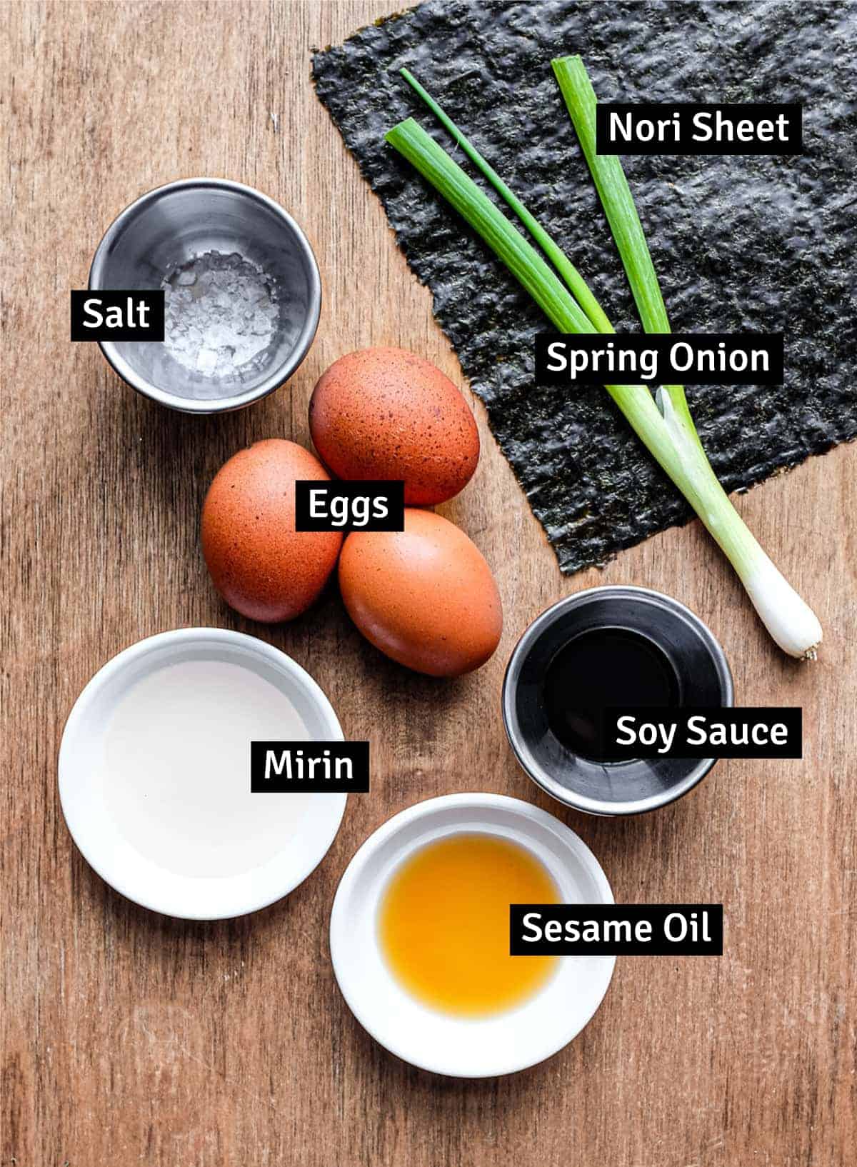 The ingredients for Tamago Rice Bowl - Eggs, Nori, spring onion, soy sauce, salt, mirin and sesame oil.