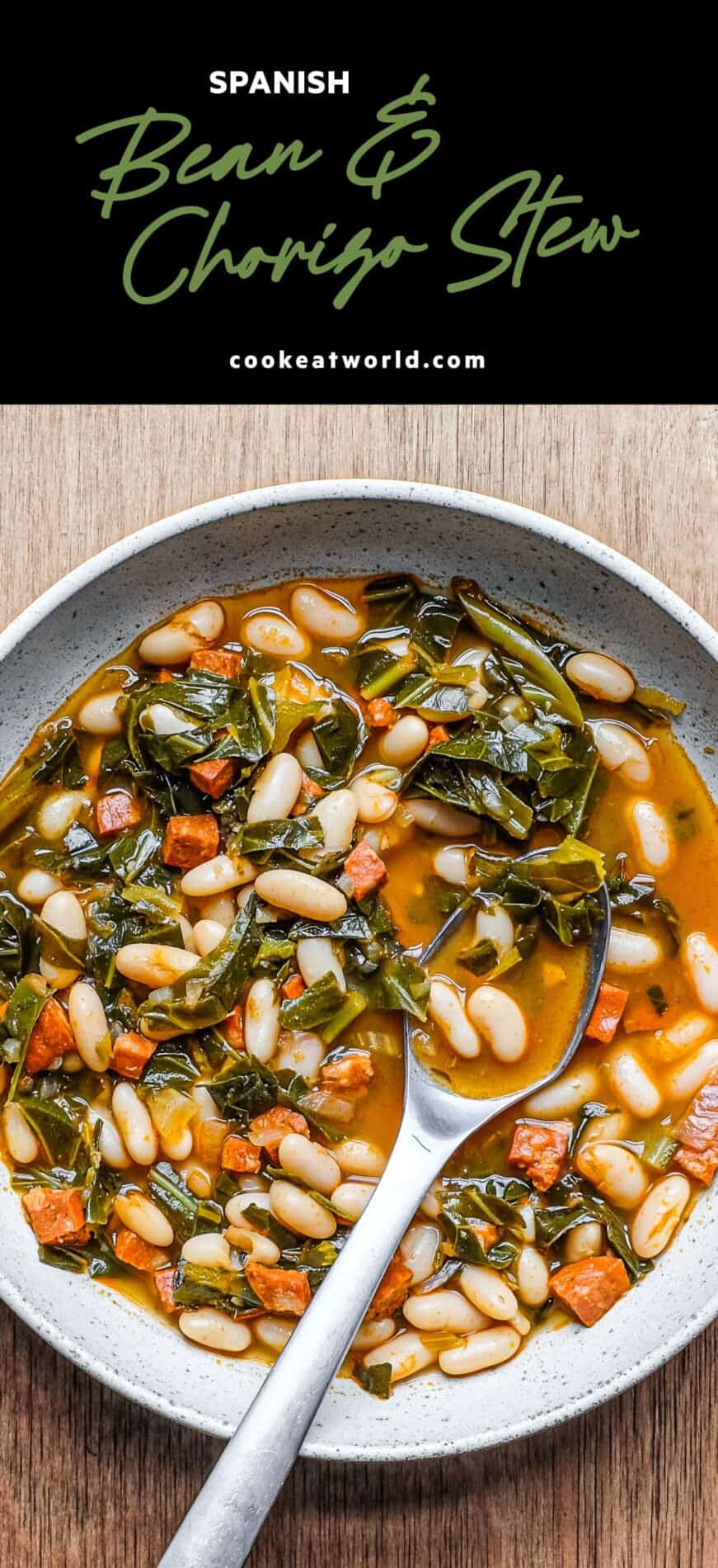 A bowl of Spanish Bean and Chorizo stew with a spoon