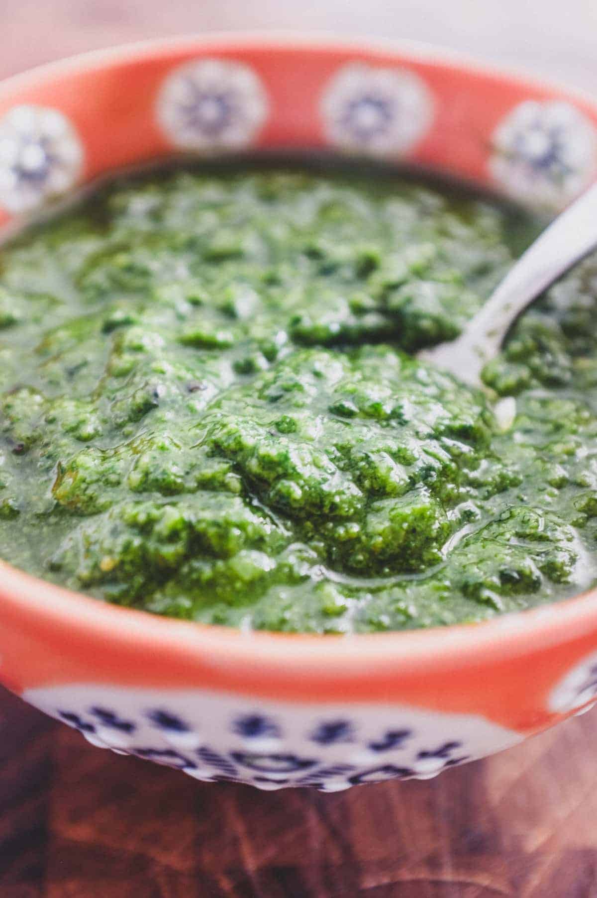 A bowl of freshly pounded pesto Genovese