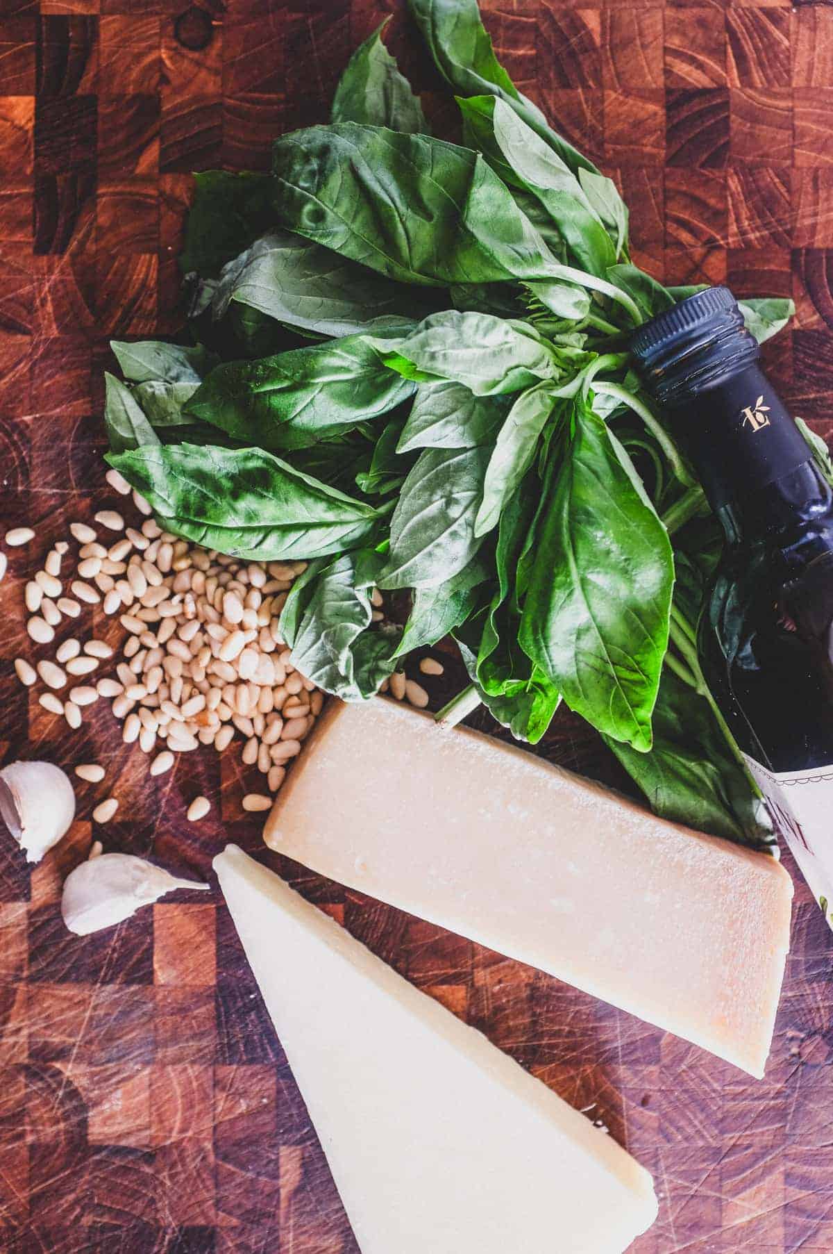 The ingredients for Pesto Genovese: Basil, cheese, pine nuts, olive oil and garlic