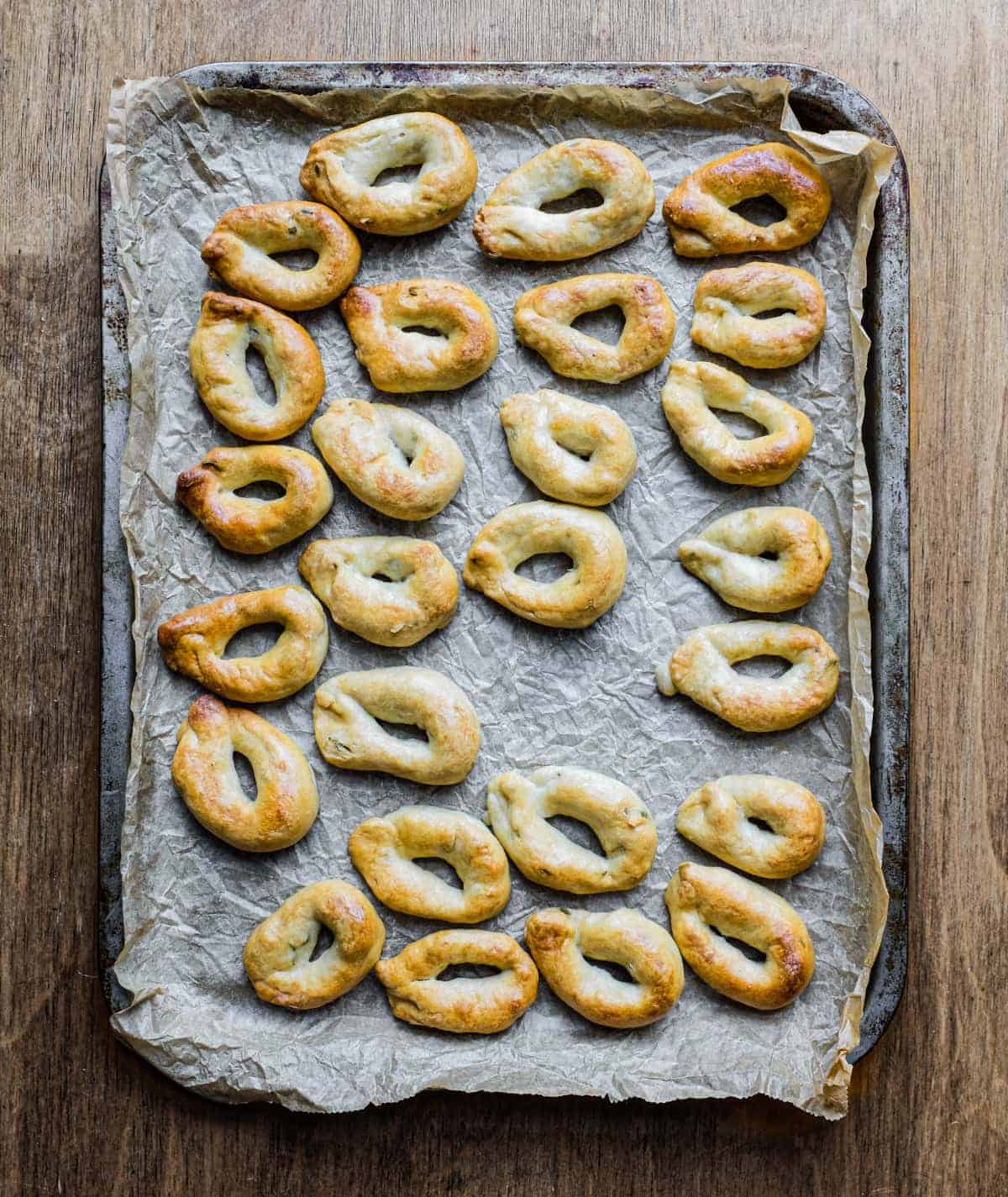 A baking sheet of Taralli Pugliesi (bread snacks from Italy)