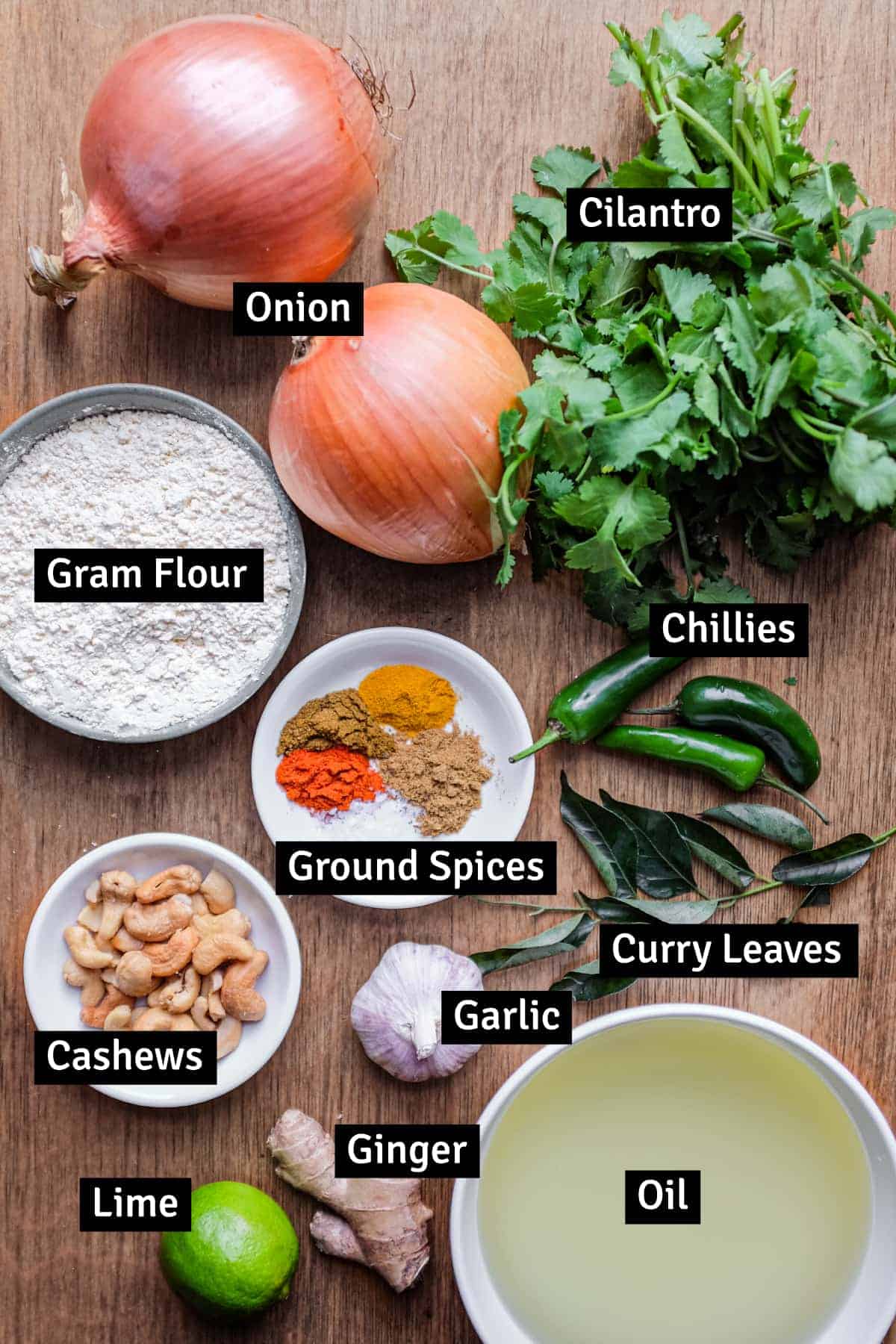 The ingredients for Indian Onion Pakoda (pakora)