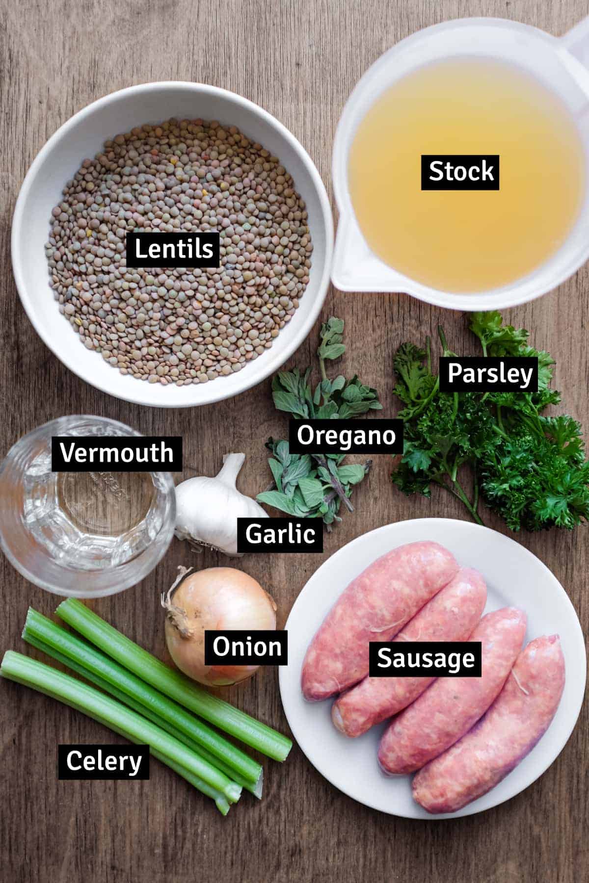 Italian Sausage and Lentils | cookeatworld.com The ingredients for Italian sausage and lentils: Lentils, Italian sausage, onion, garlic, celery, stock/broth, vermouth and fresh oregano and parsley.
