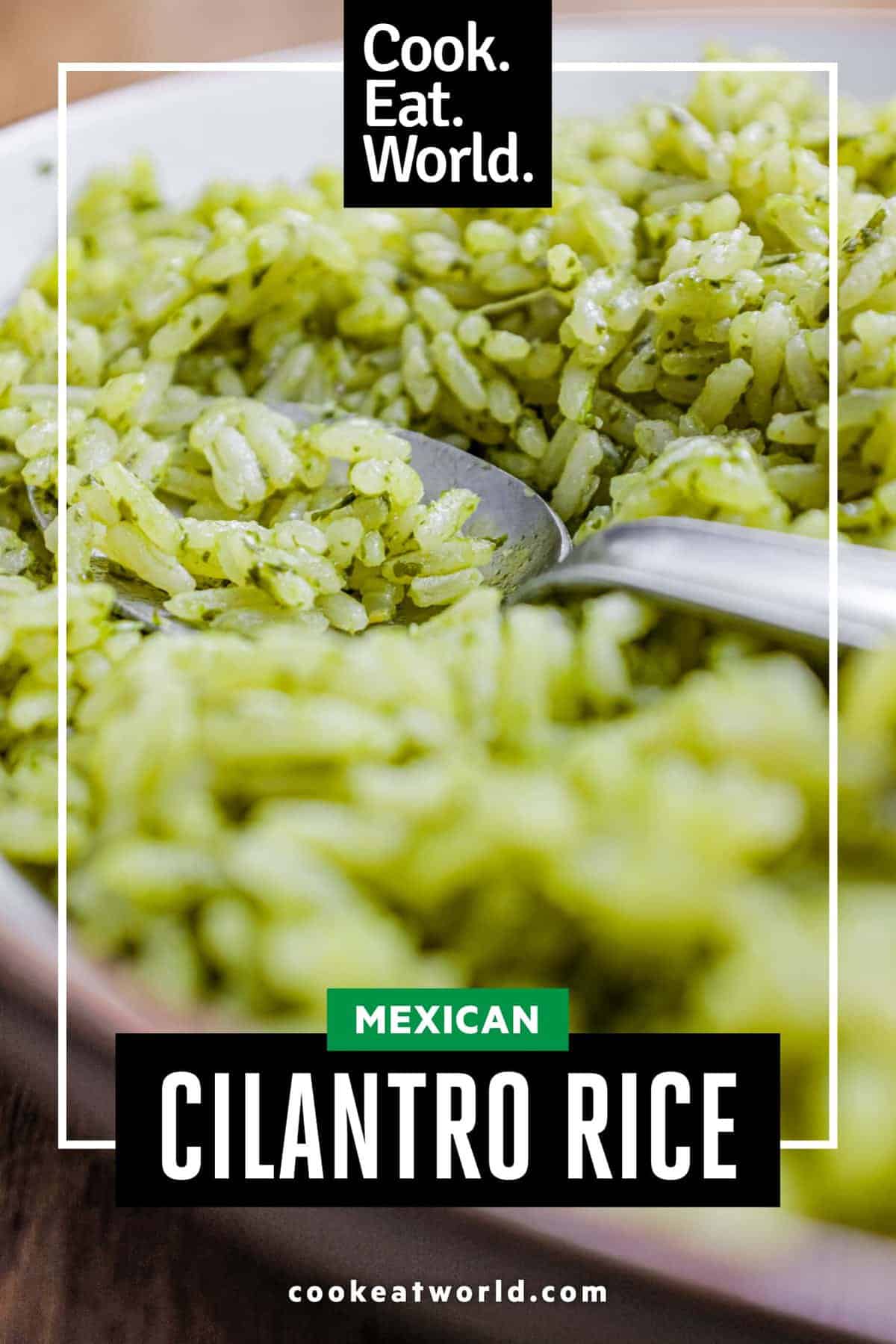 A bowl of Mexican Cilantro Rice (Green Rice) with a spoon.