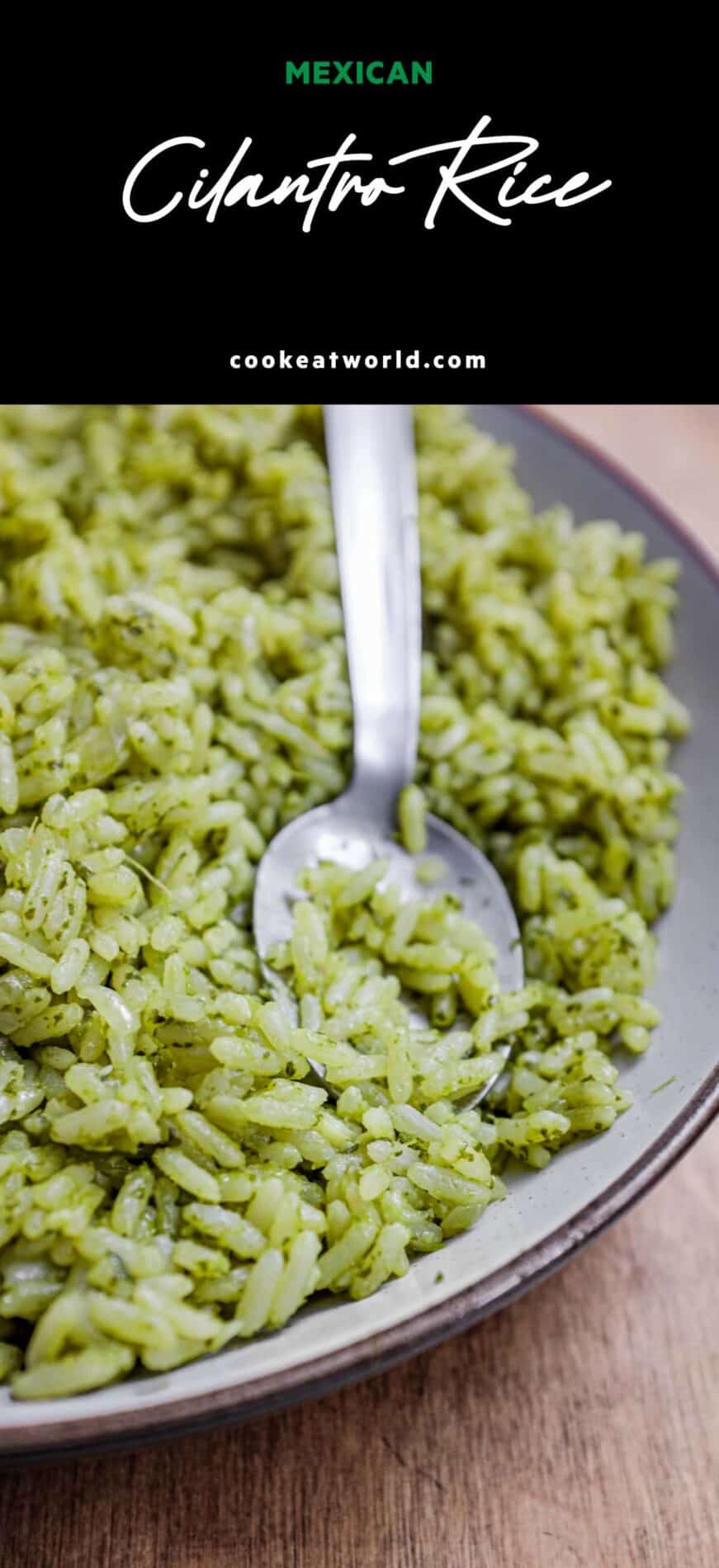 A bowl of Mexican Cilantro Rice (Green Rice) with a spoon.