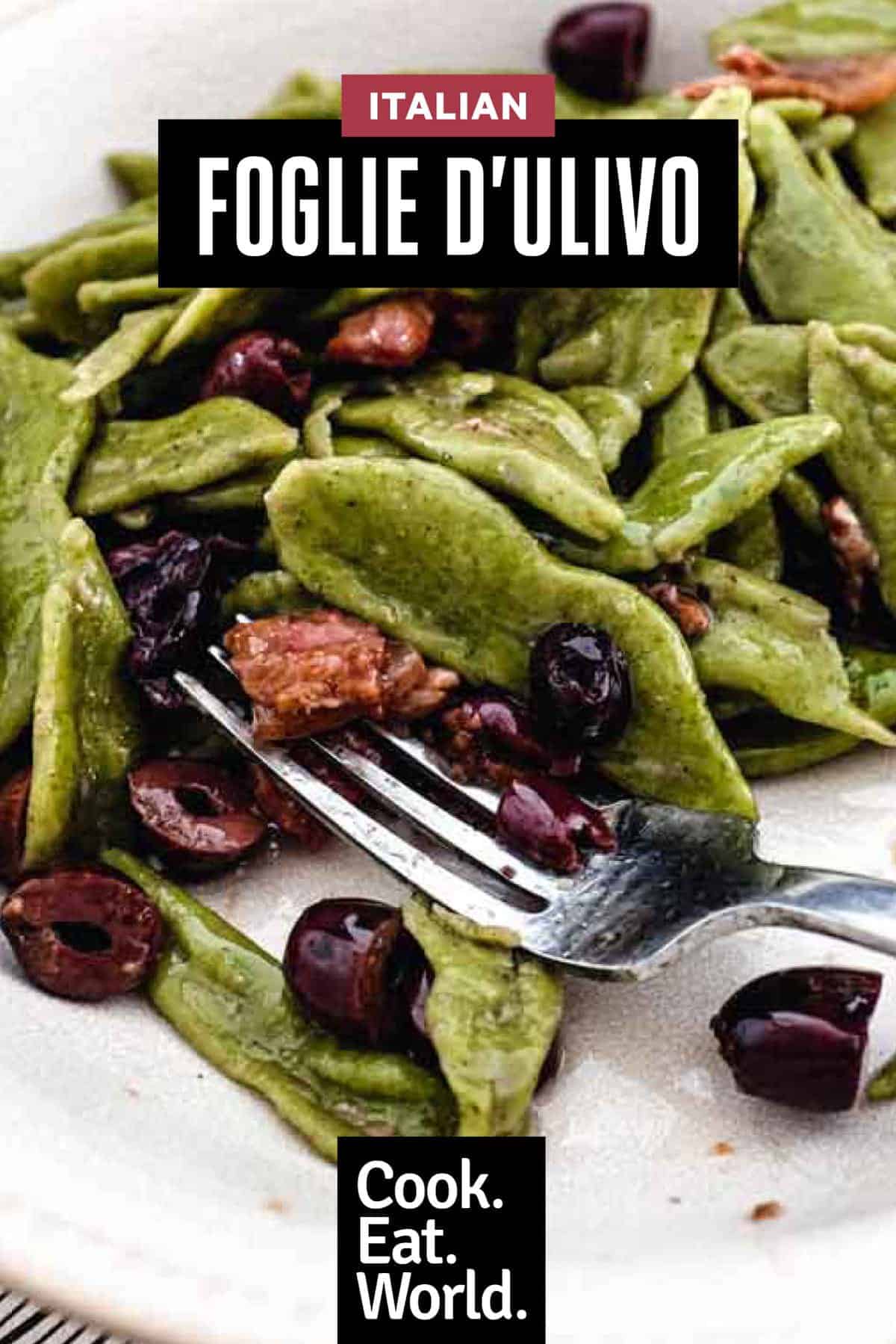 A bowl of foglie d'ulivo pasta with pancetta and black olives