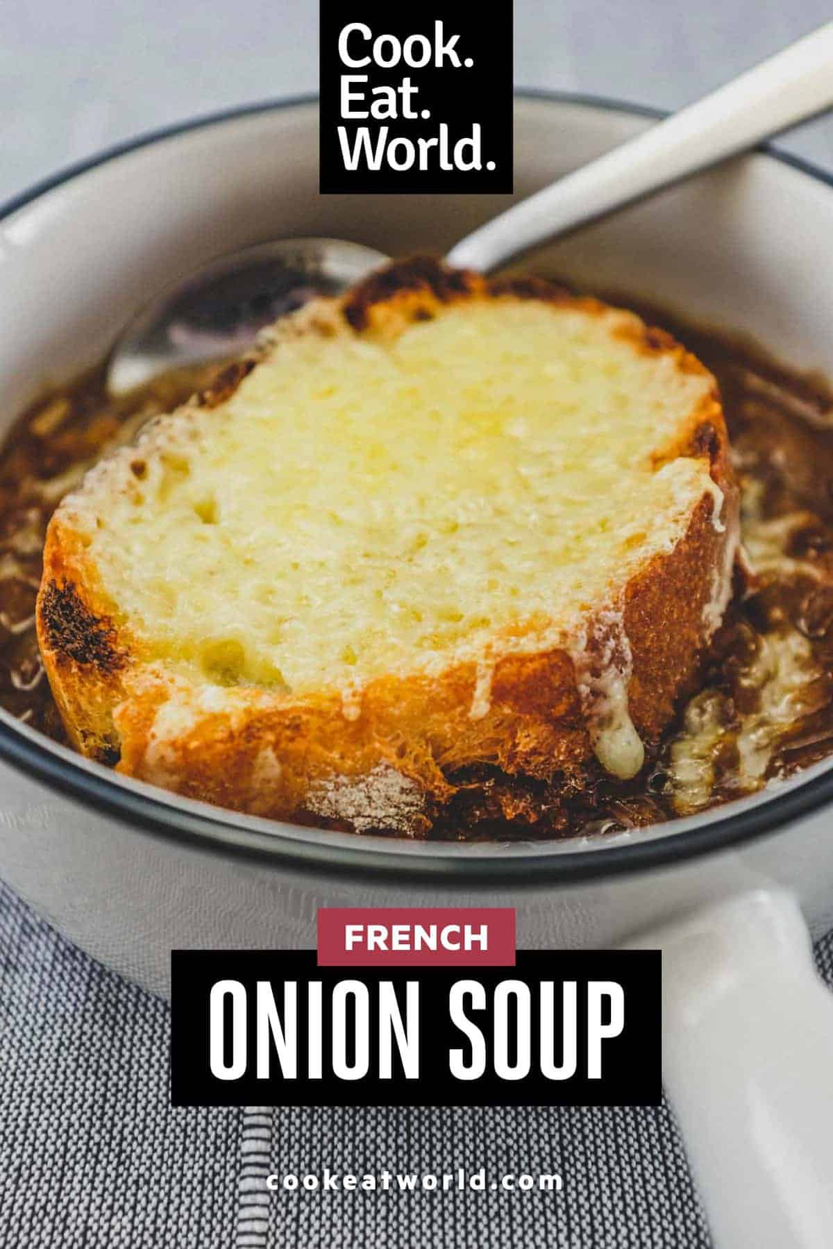 A small bowl of French Onion Soup with Gruyere Crouton