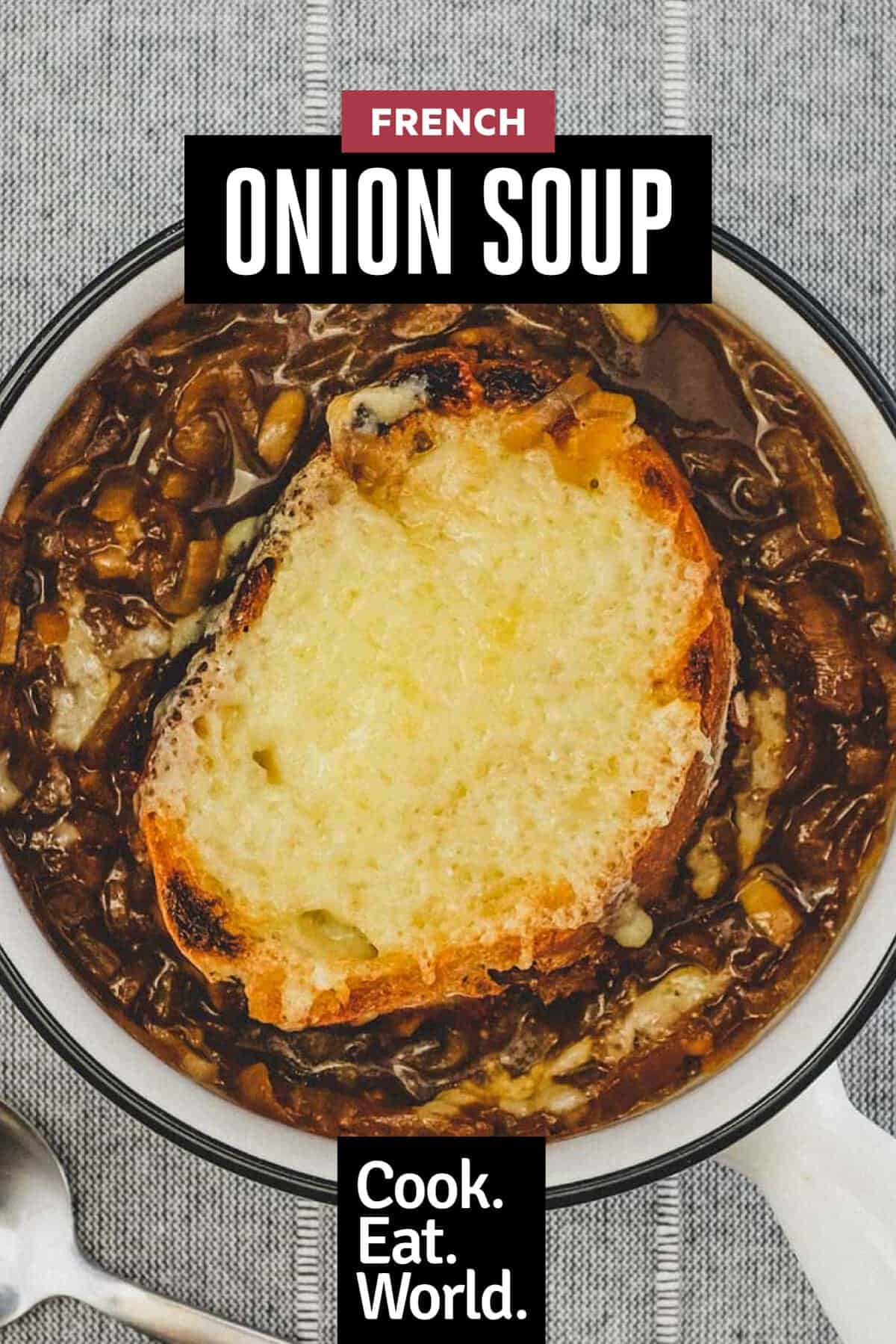 A small bowl of French Onion Soup with Gruyere Crouton