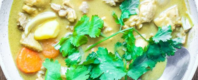 A bowl of Vietnamese chicken curry with chicken, carrots and potatoes. A spoon sits in the sauce.