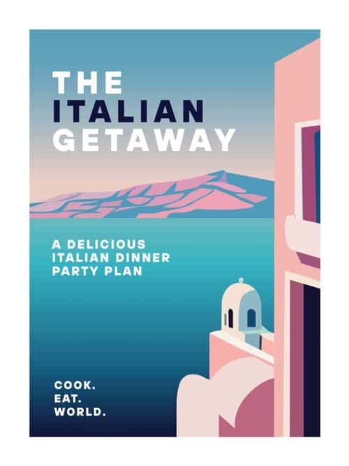 The Italian Getaway e-Book from cookeatworld.com featuring an illustration of a town overlooking a lake.