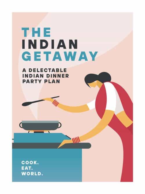 The Indian Getaway e-Book from cookeatworld.com featuring an illustration of an Indian woman cooking at a stove.