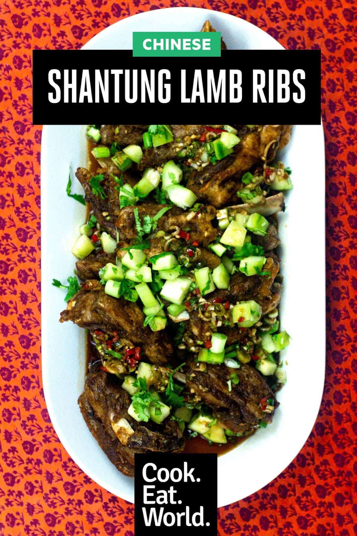 Shantung Lamb Ribs on a large platter on a red patterned background