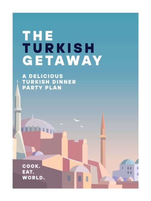 The Turkish Getaway e-Book from cookeatworld.com featuring an illustration of a Turkish cityscape including mosque.