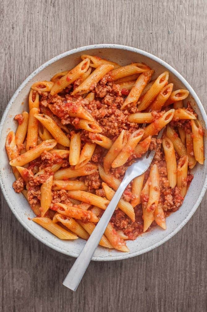A bowl of nduja pasta sauce with penne pasta. A fork sits in the bowl too.