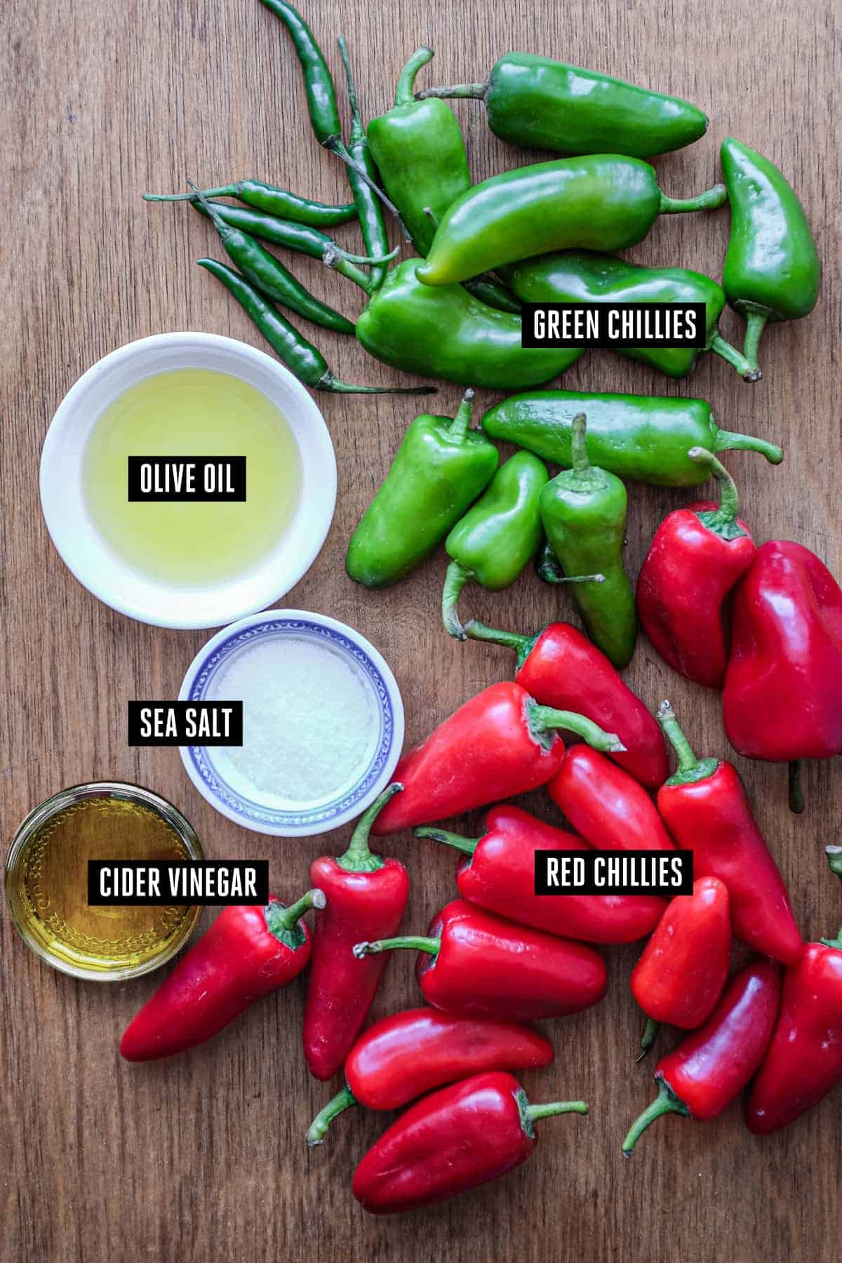 Te ingredients for Middle Eastern Shatta Sauce: Red and green peppers, salt, oil and vinegar.