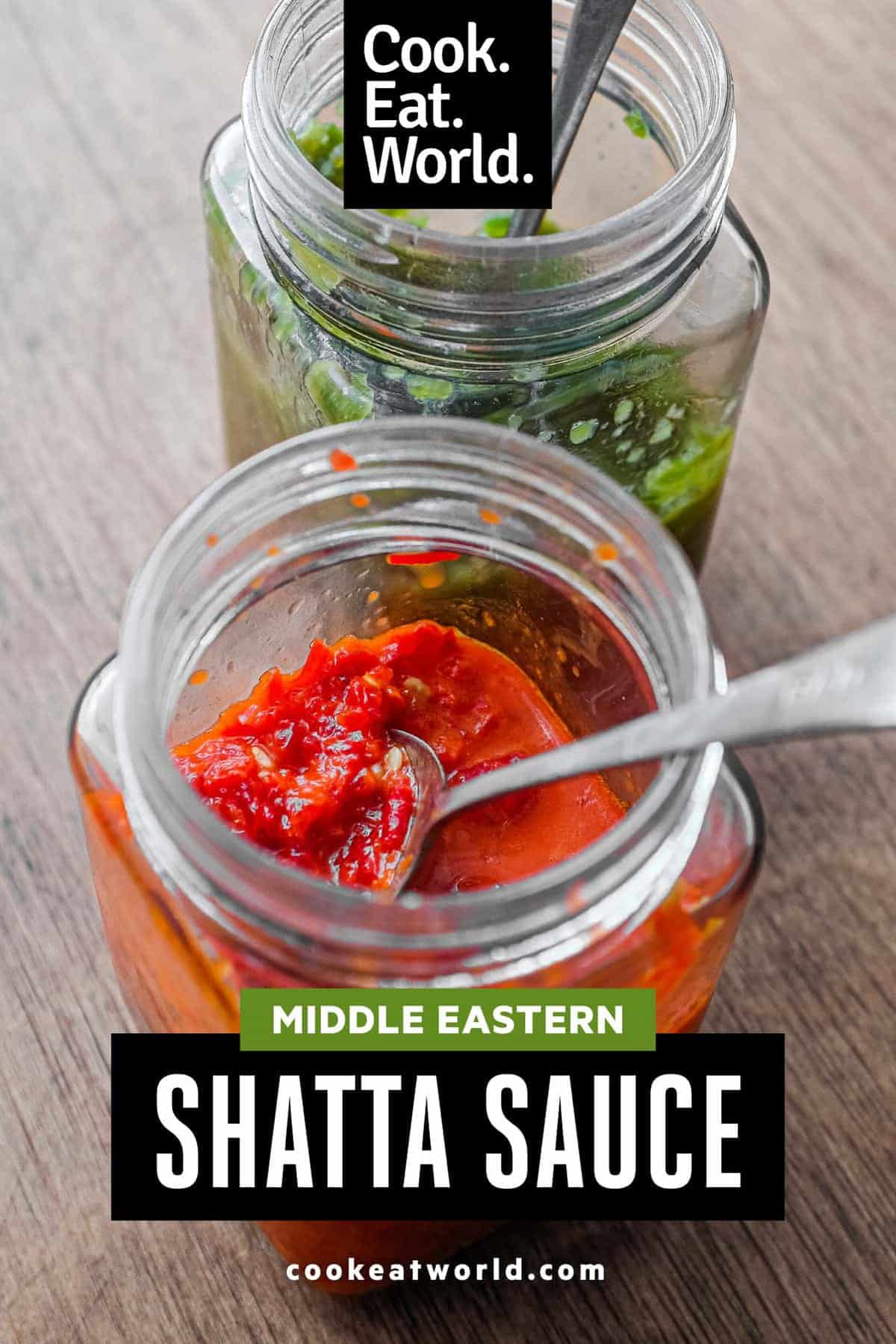 Two open jars of Middle Eastern Shatta Sauce. A red variety and green variety.