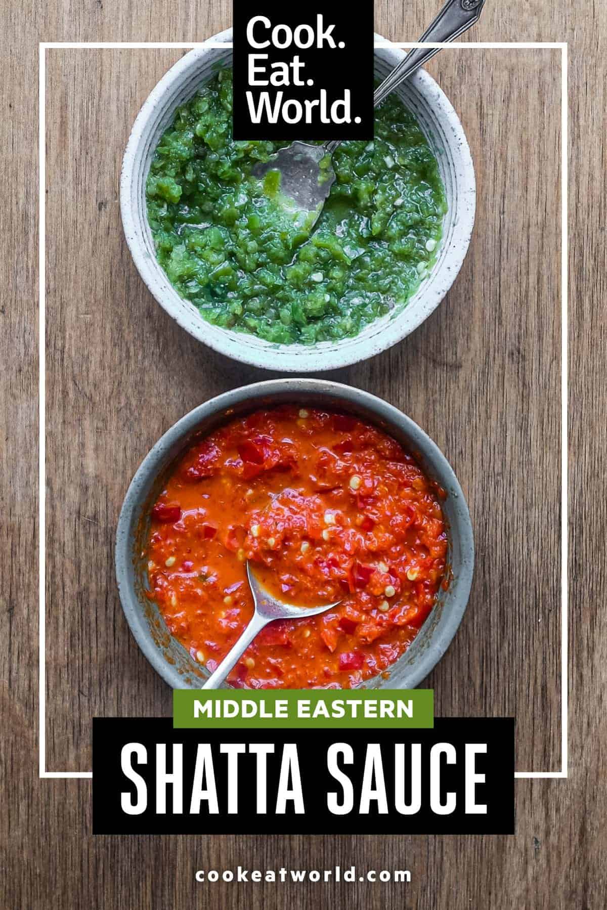 Two bowls of Middle Eastern Shatta Sauce. A red variety and green variety.