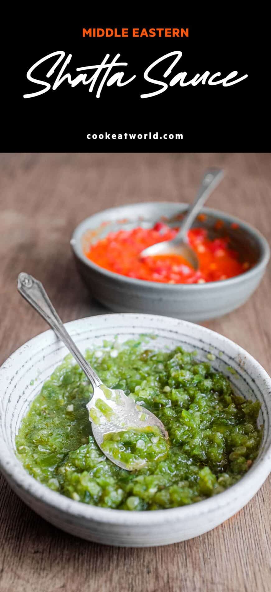 Two bowls of Middle Eastern Shatta Sauce. A green sauce sits in the foreground with a red sauce in the background.