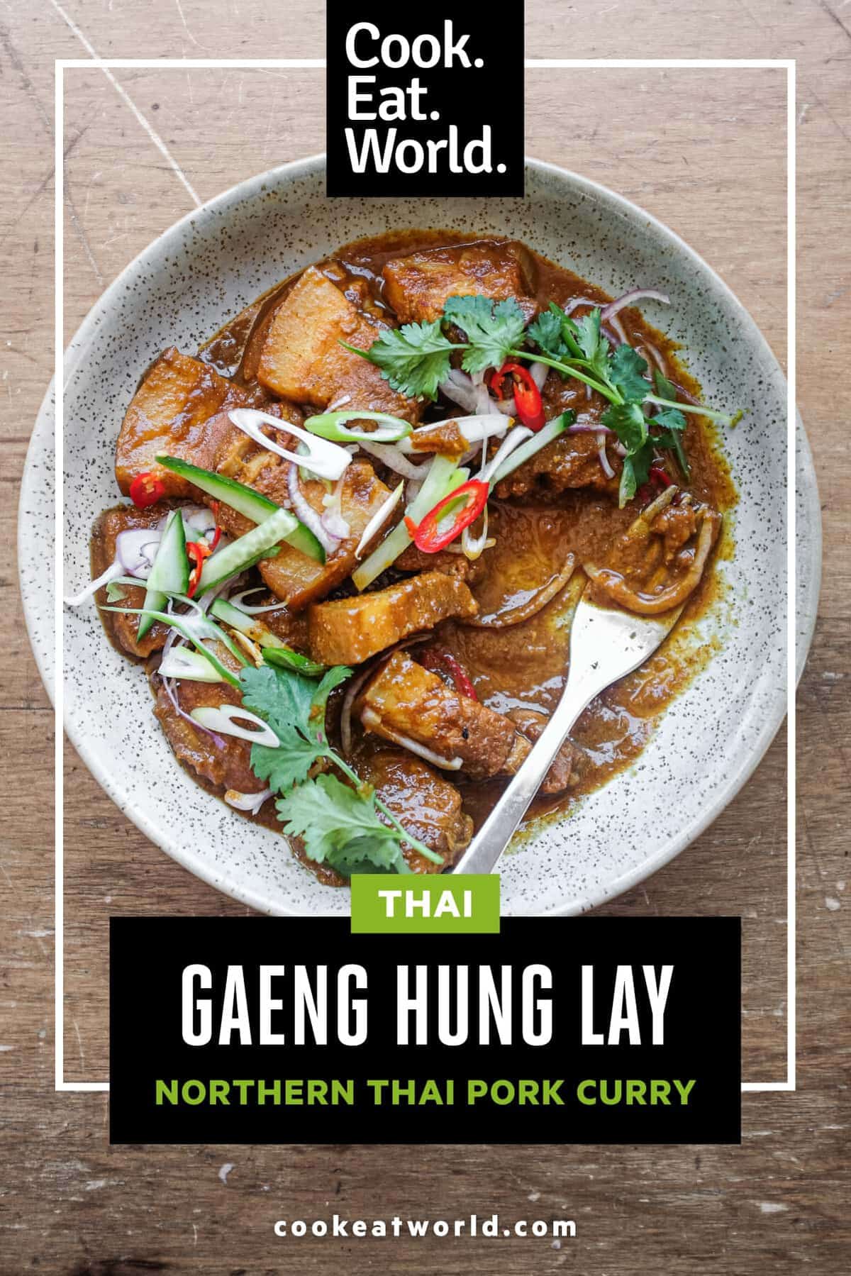 A bowl of Gaeng Hung Lay (Thai Pork Curry) garnished with herbs, spring onion, chilli and shallots