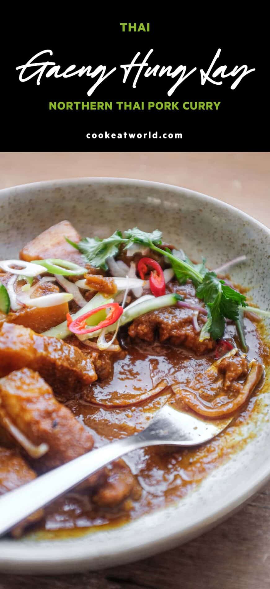 A bowl of Gaeng Hung Lay (Thai Pork Curry) garnished with herbs, spring onion, chilli and shallots
