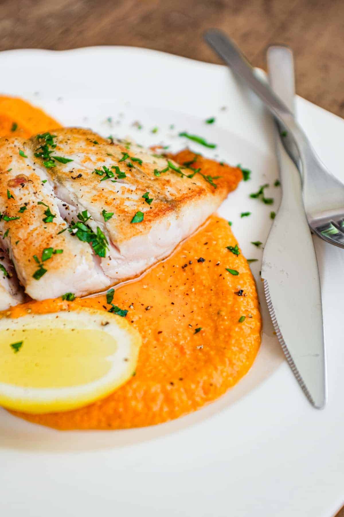 Pan fried fish on a bed of Spanish Romesco Sauce