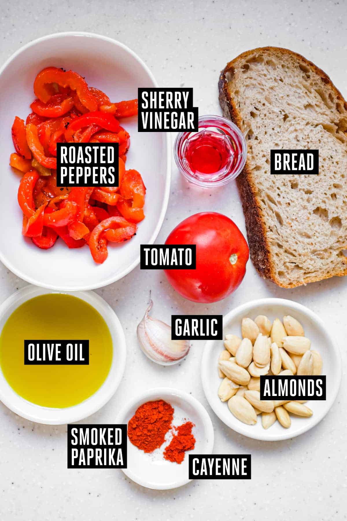 The labelled ingredients for Spanish Romesco Sauce