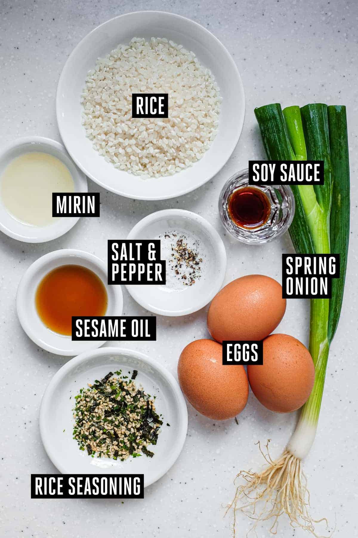 The labelled ingredients for Japanese scrambled eggs.