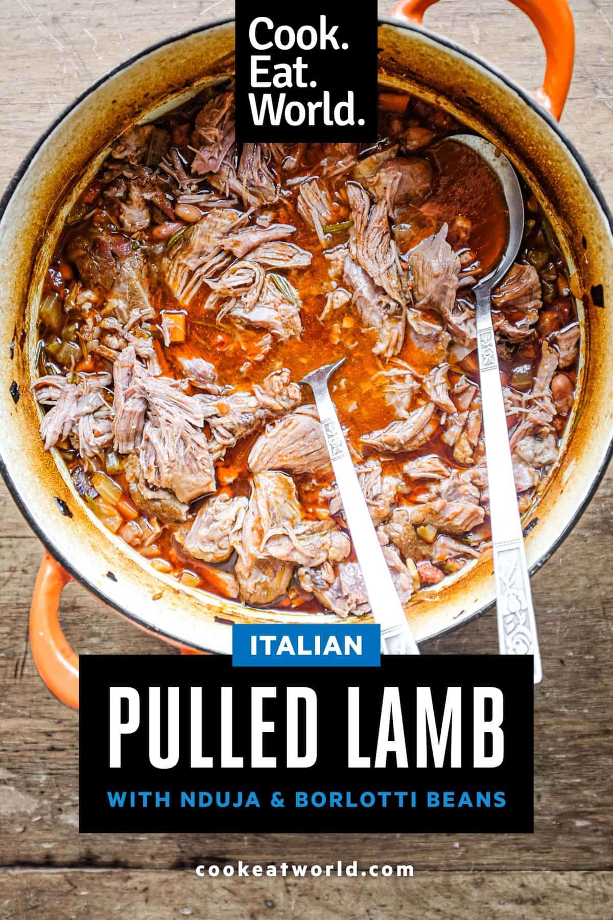 A pan of Italian pulled lamb with beans
