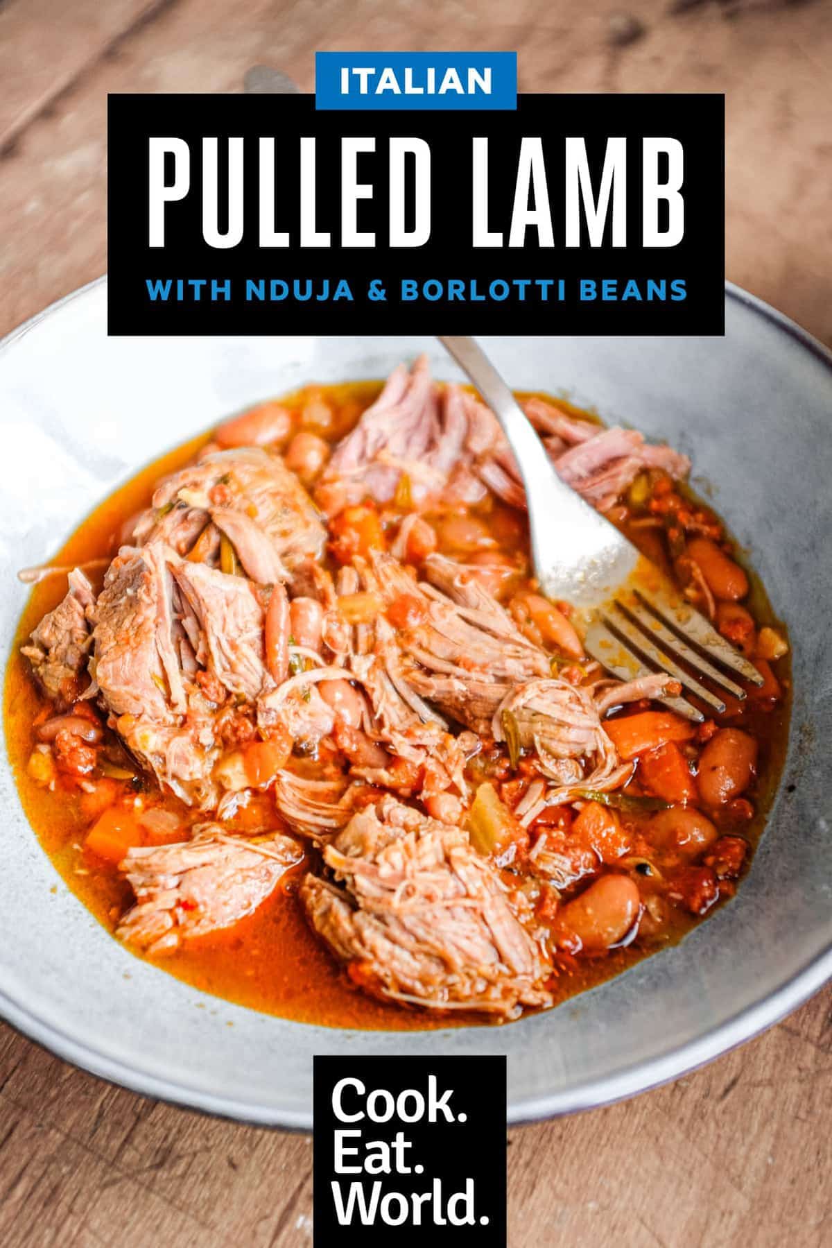 A bowl of Italian pulled lamb with beans with a fork