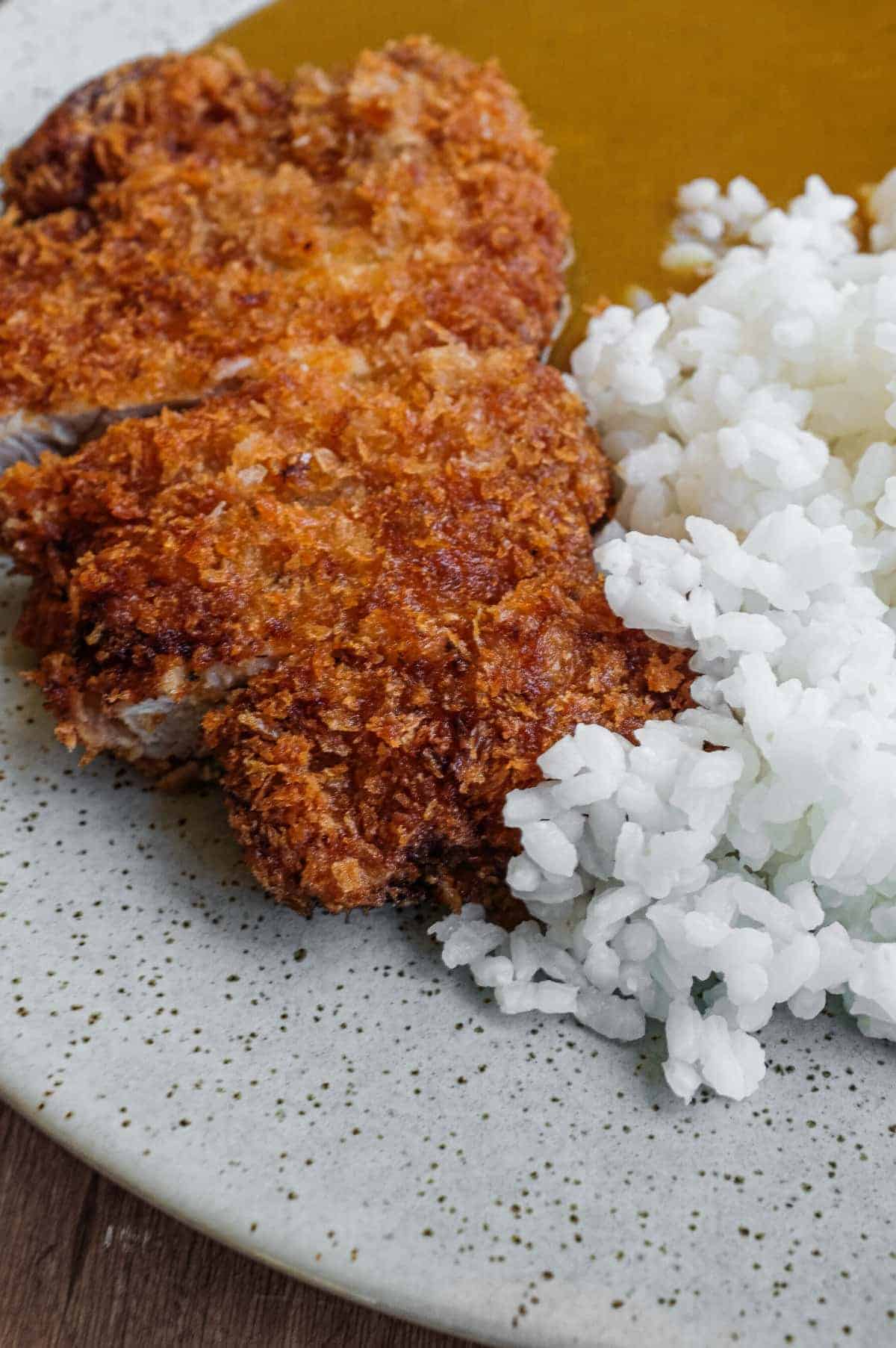 A plate of Japanese pork katsu curry with rice.