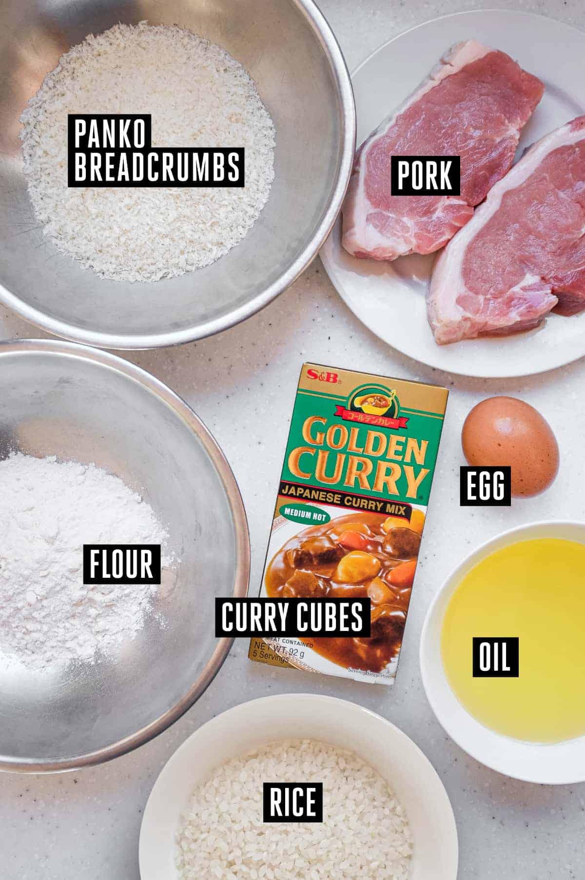 The labelled ingredients for Japanese katsu curry