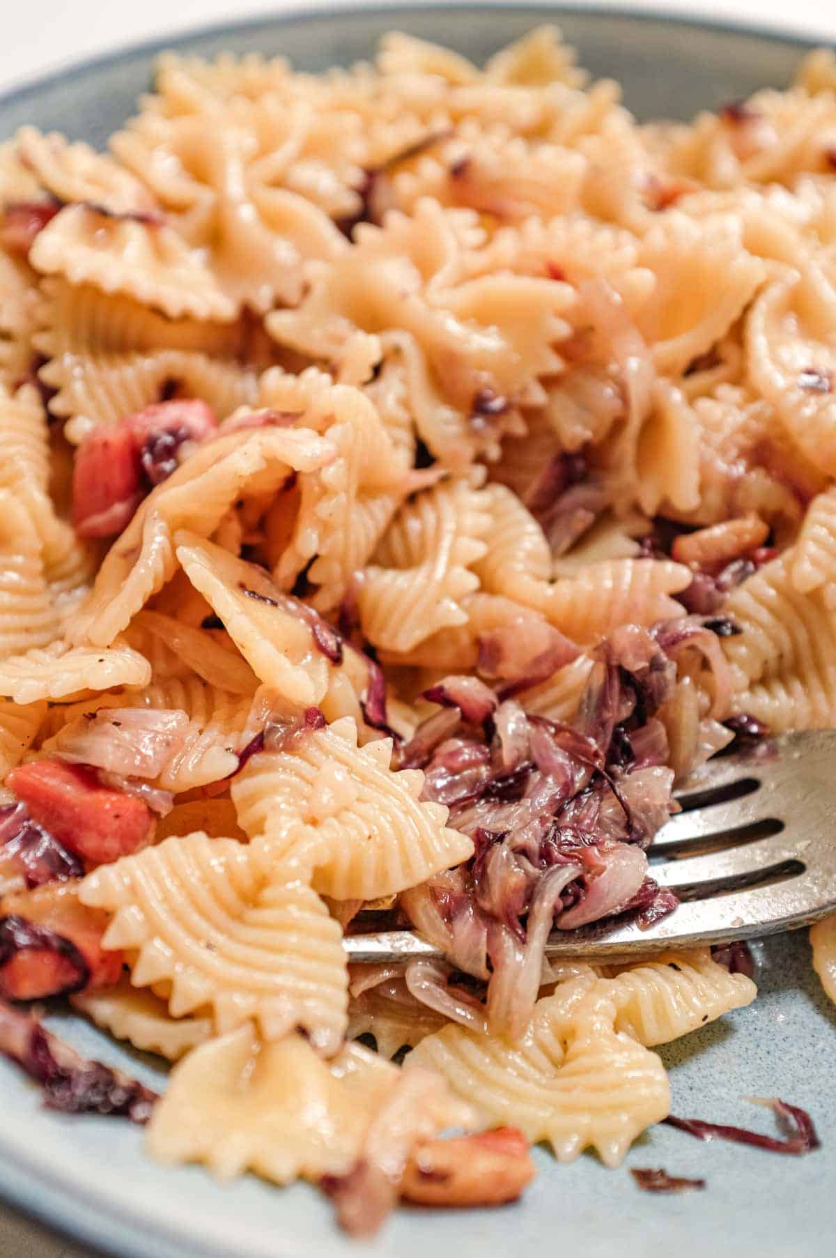 A bowl of farfalle pasta with a radicchio, pancetta and cheese sauce
