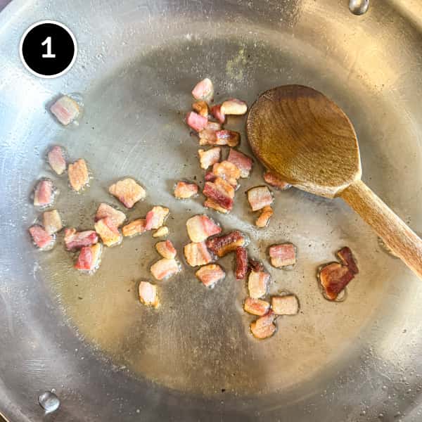 Pasta Al Radicchio & Pancetta | cookeatworld.com Small cubes of pancetta frying in a silver frying pan