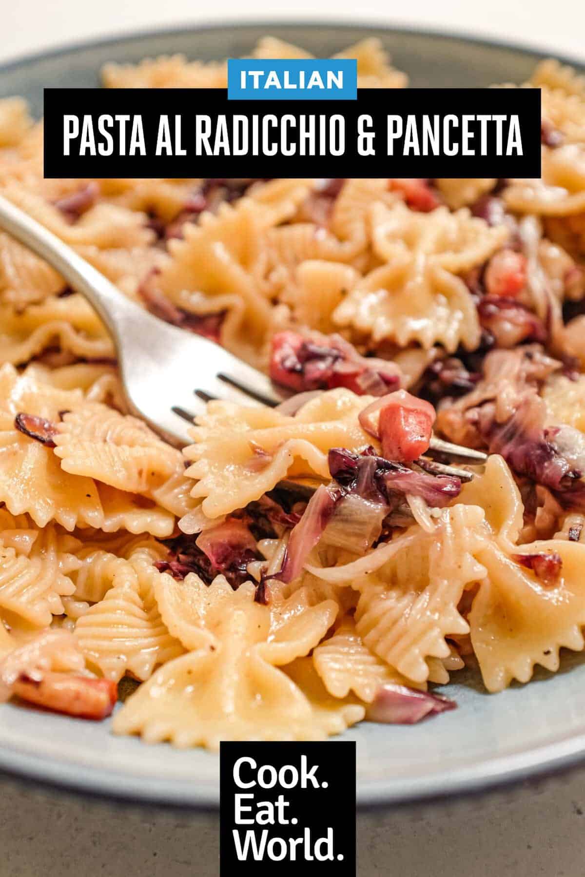 A bowl of farfalle pasta with a radicchio, pancetta and cheese sauce