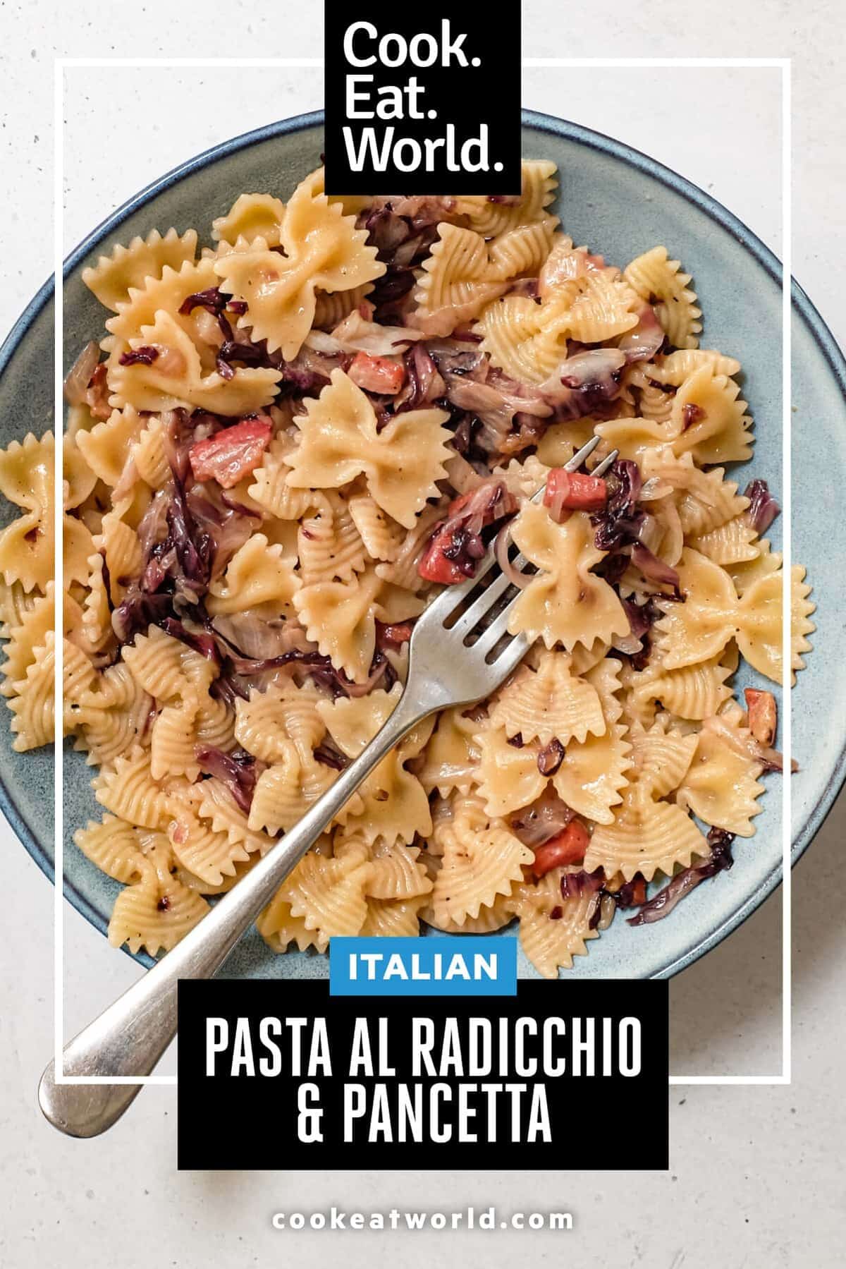 A bowl of farfalle pasta with a radicchio, pancetta and cheese sauce