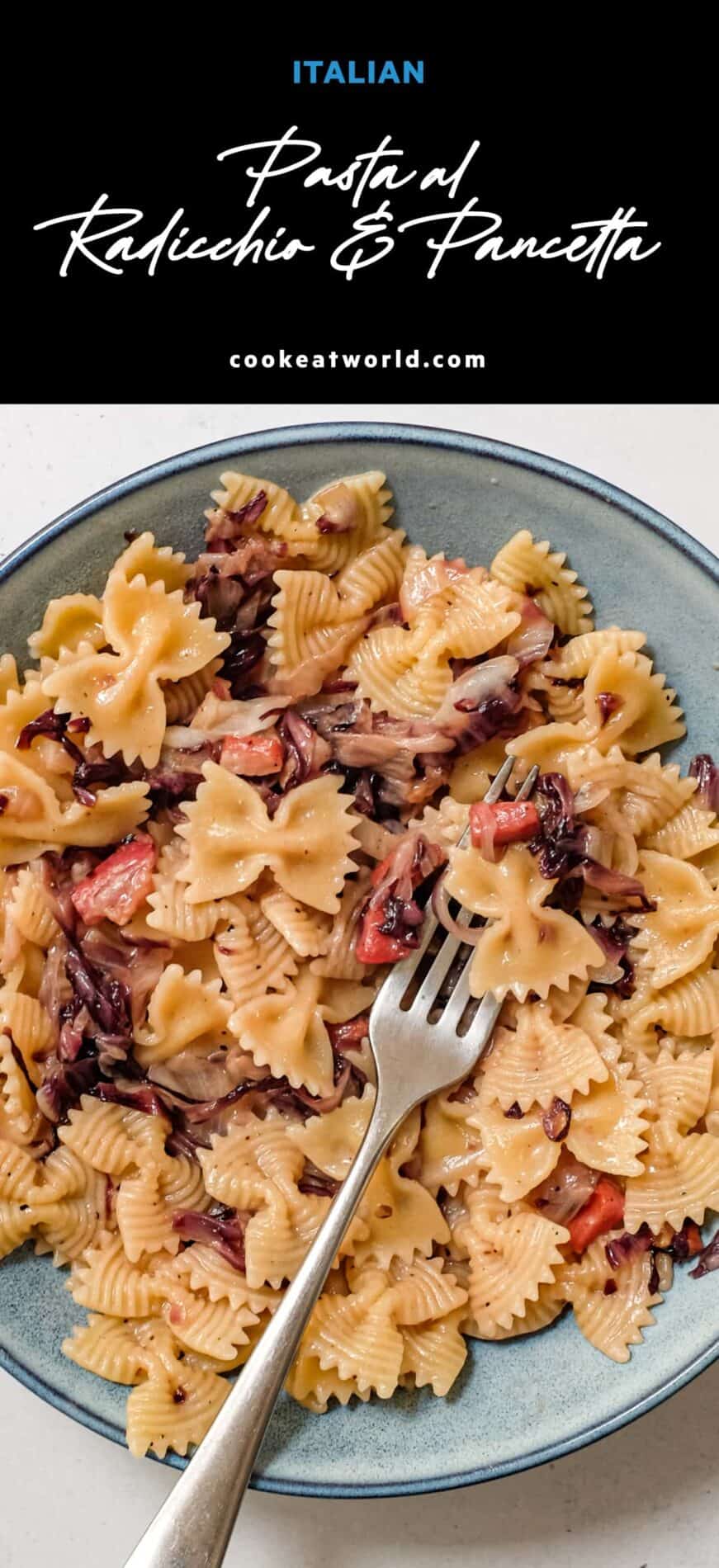 A bowl of farfalle pasta with a radicchio, pancetta and cheese sauce