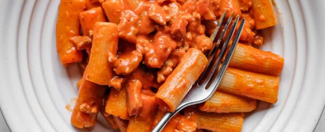 A bowl of Pasta Alla Zozzona in a rich tomato sauce with a fork.